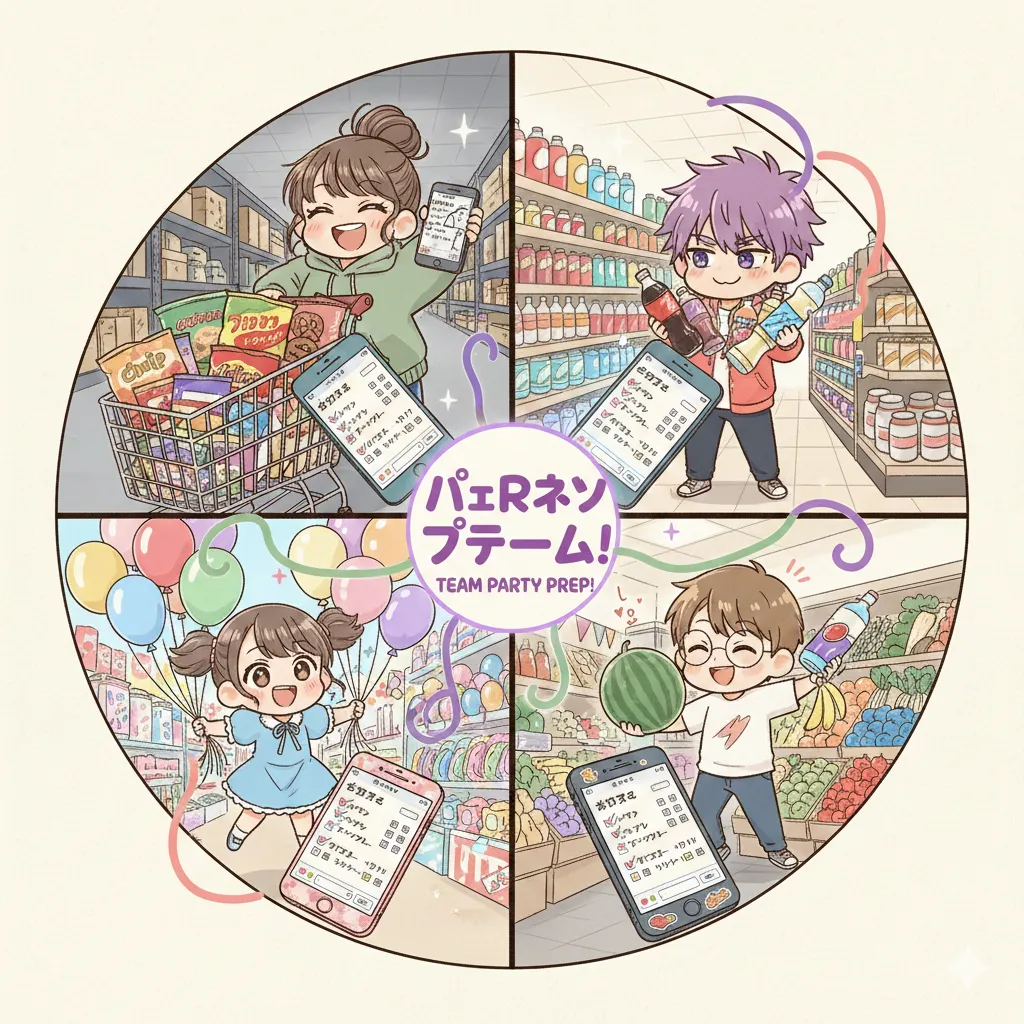 Four friends at different stores shopping from the same shared list - collaborative party planning