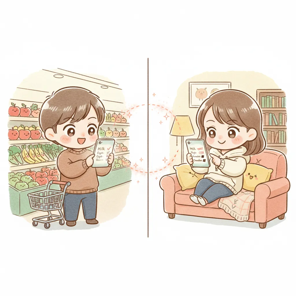 Husband in grocery store checking his phone while wife adds items from home - real-time list sync